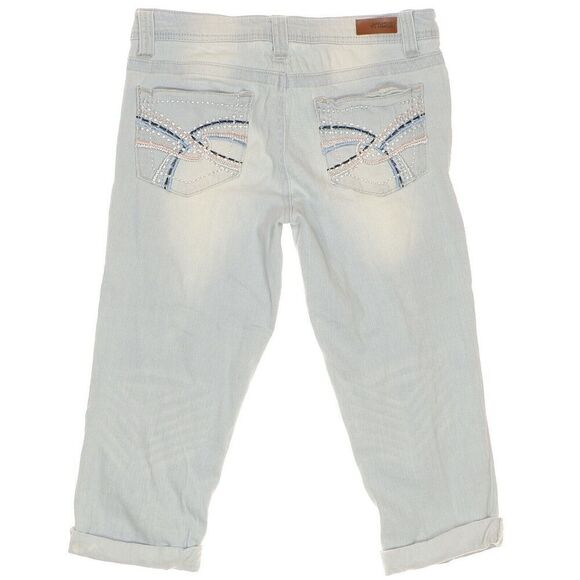 Almost Famous Crop Jeans Size 7 Juniors Roll Cuff Distressed Blue Measures 30x18 - Picture 4 of 10
